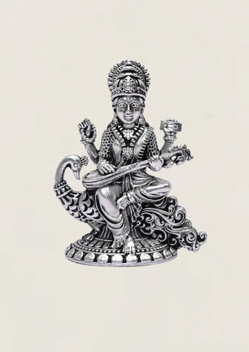 Saraswati With Peacock - Pure 925 Silver Idol
