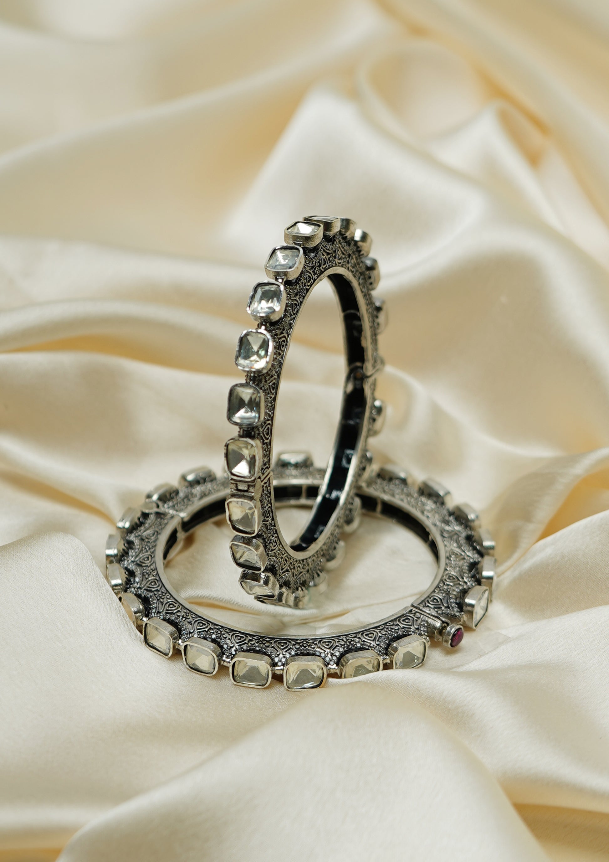 Jyotsna Kankan Polki Oxidized Silver Finish Bangle Pair