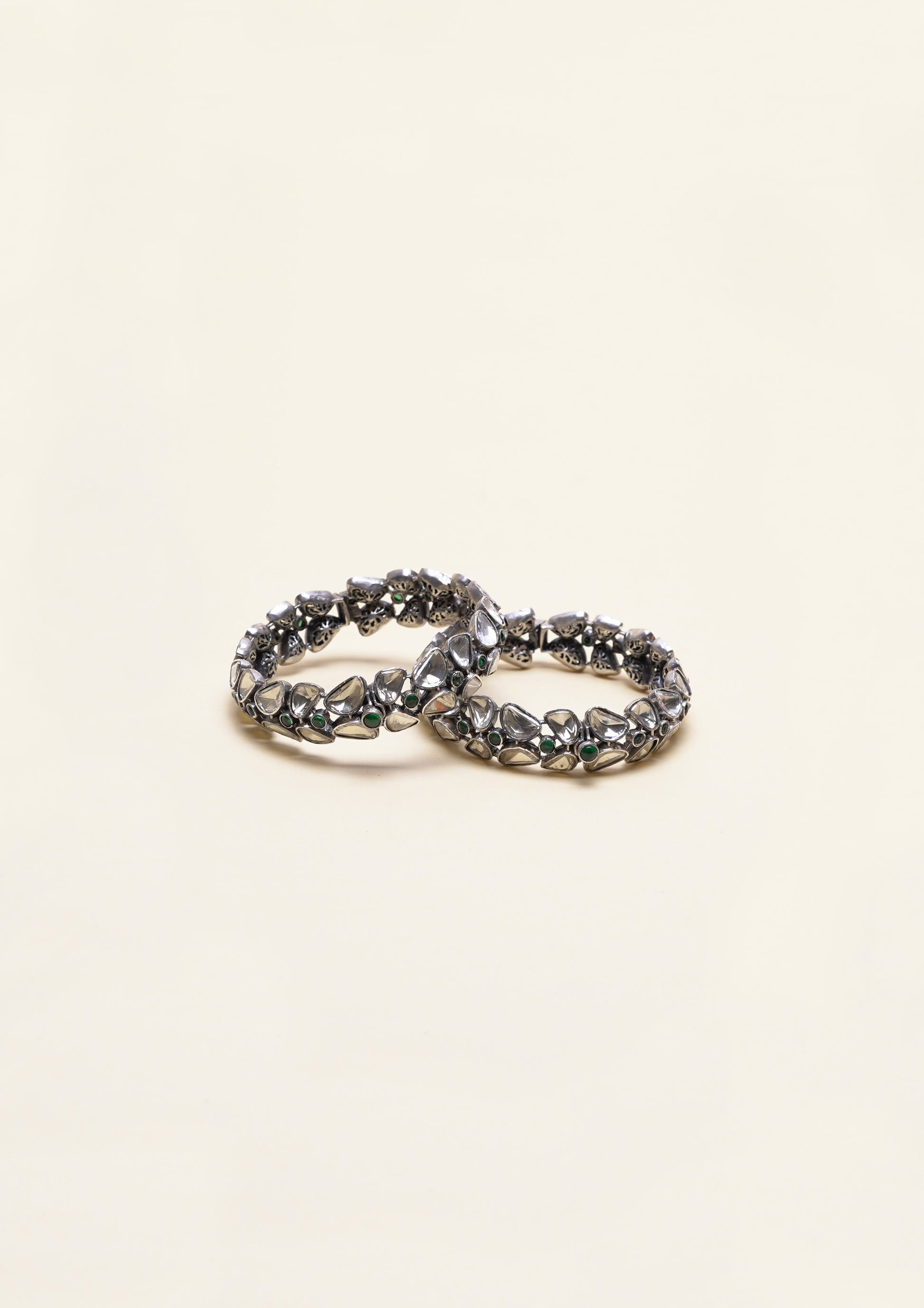 Kalyan Shubha Polki Oxidized Silver Finish Bangle Pair