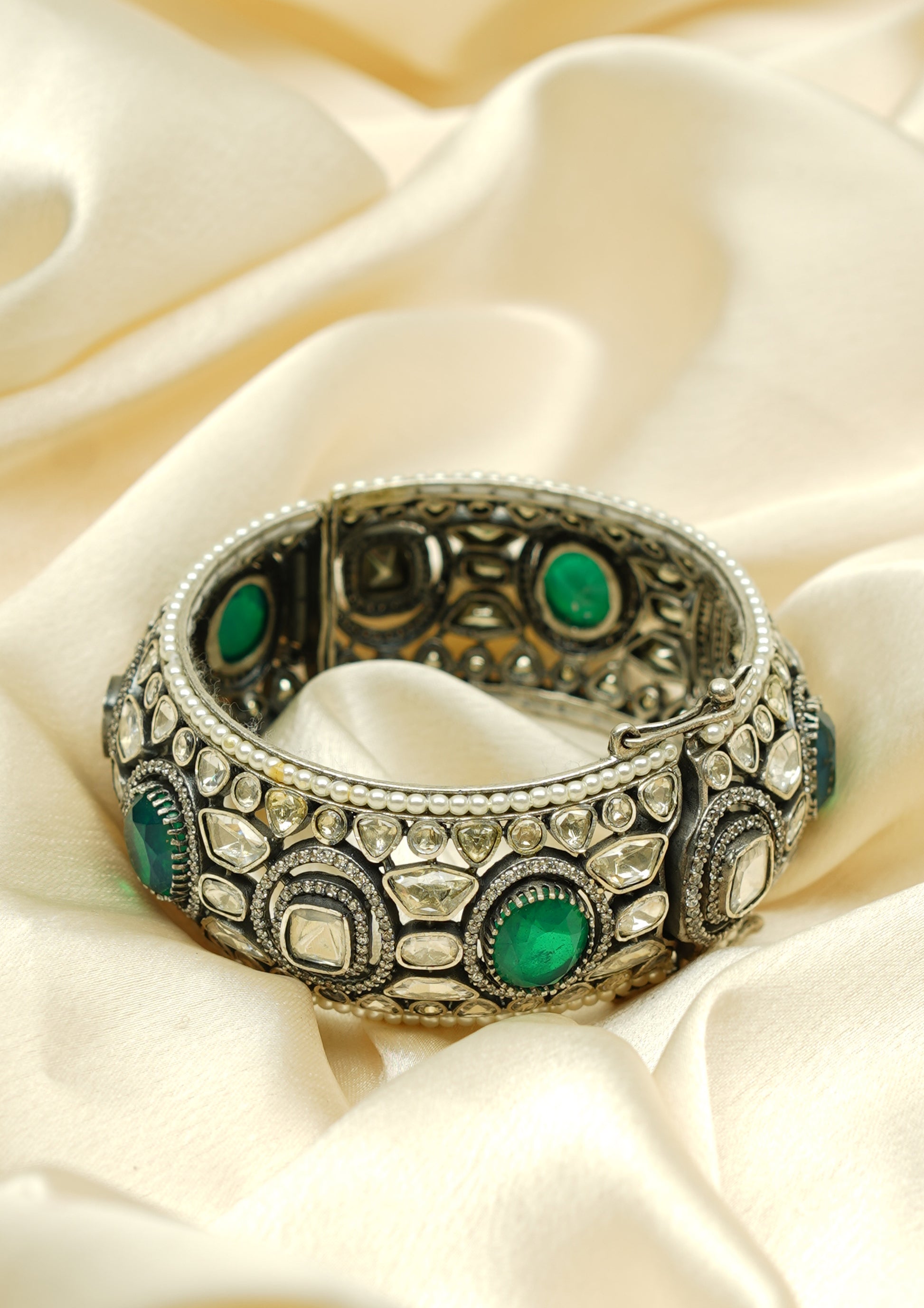 Vasundhara Ratna Polki Oxidized Silver Finish Single Kada