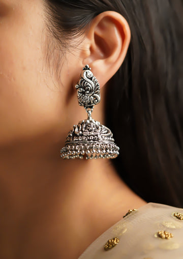 Hamsa Manjari Nakashi Oxidized Silver Finish Jhumki