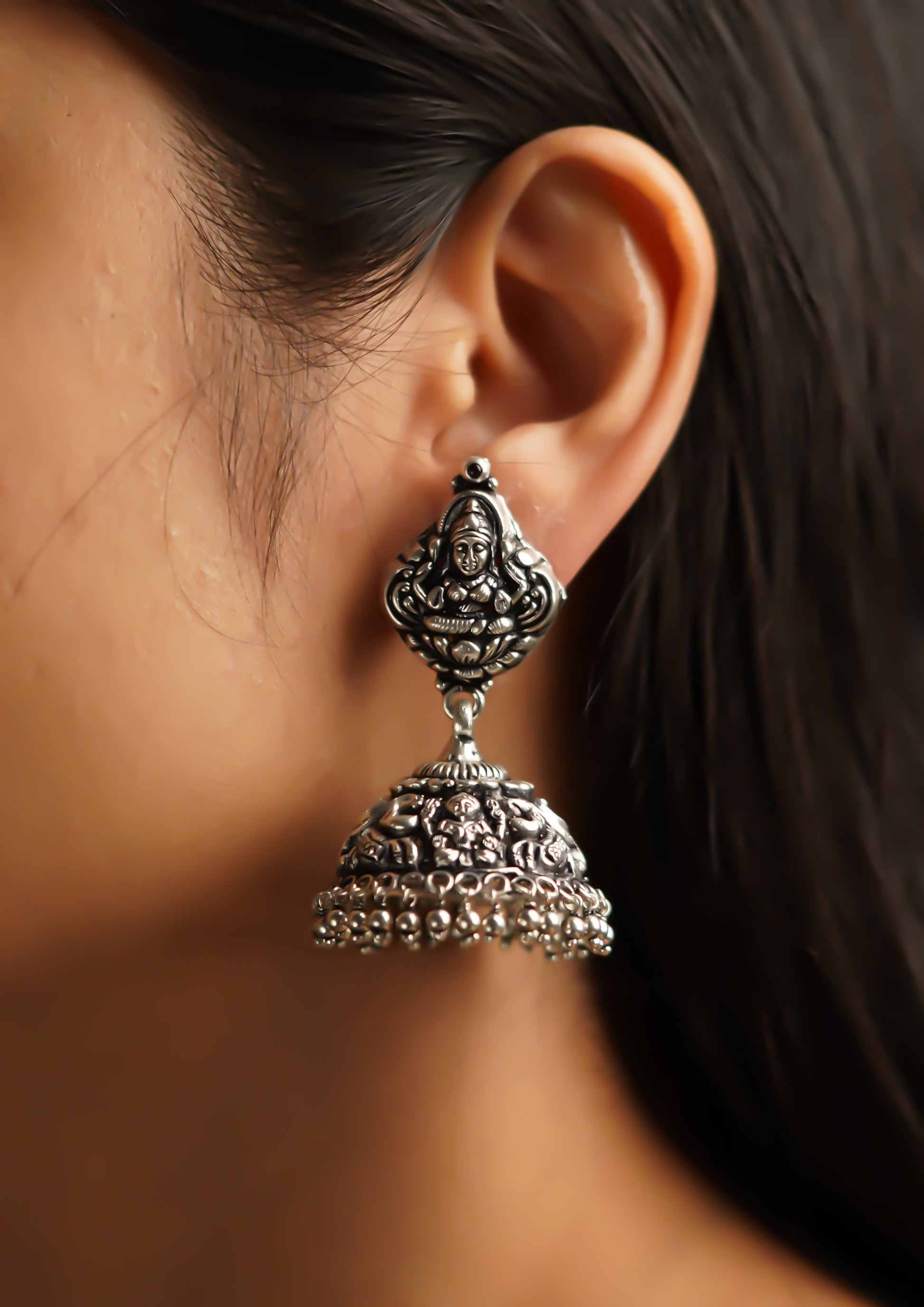Kamala Ratna Nakashi Oxidized Silver Finish Jhumki