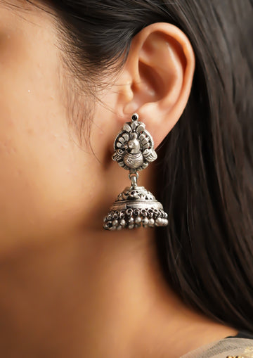 Anupama Karanphool Nakashi Oxidized Silver Finish Jhumki