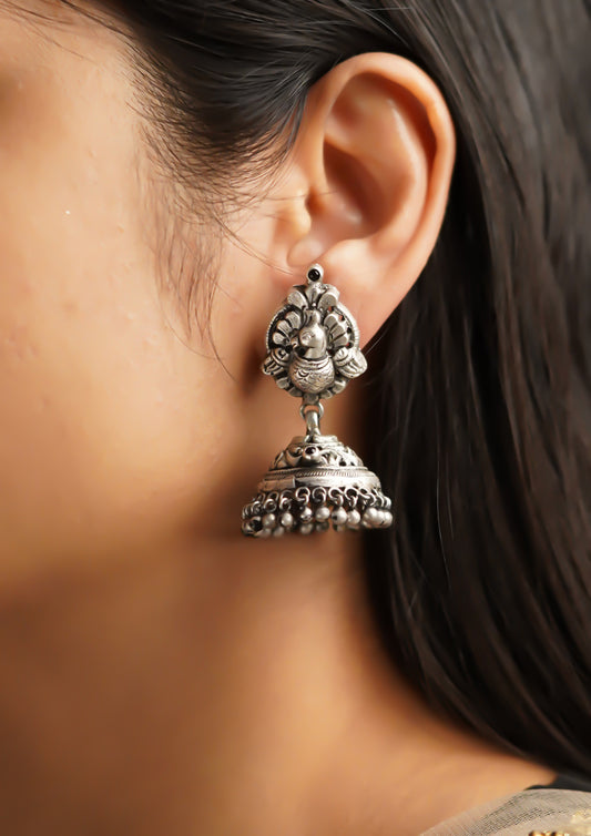 Anupama Karanphool Nakashi Oxidized Silver Finish Jhumki