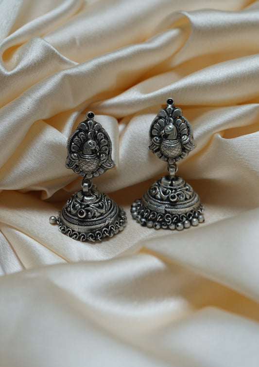Anupama Karanphool Nakashi Oxidized Silver Finish Jhumki