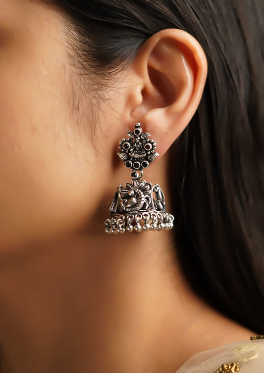 Saumya Roopa Nakashi Oxidized Silver Finish Jhumki