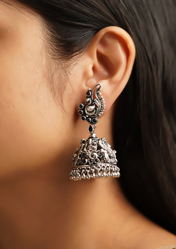 Jyotsna Sankul Nakashi Oxidized Silver Finish Jhumki