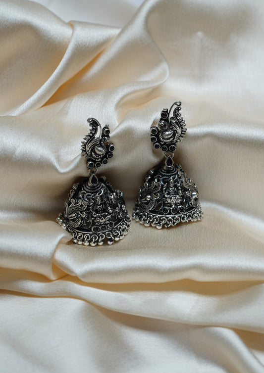 Jyotsna Sankul Nakashi Oxidized Silver Finish Jhumki