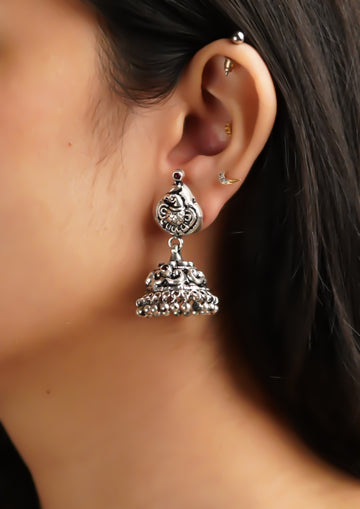 Rasa Ranjika Nakashi Oxidized Silver Finish Jhumki