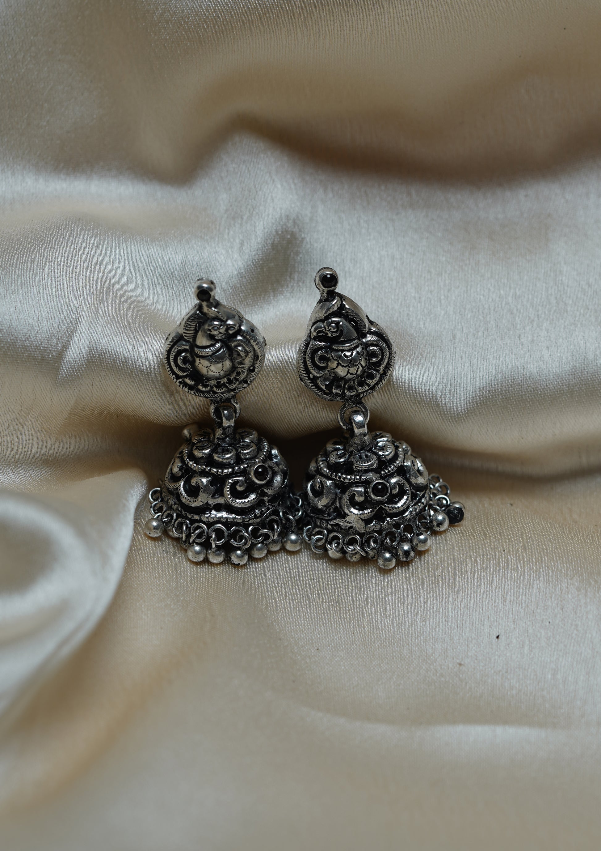 Rasa Ranjika Nakashi Oxidized Silver Finish Jhumki