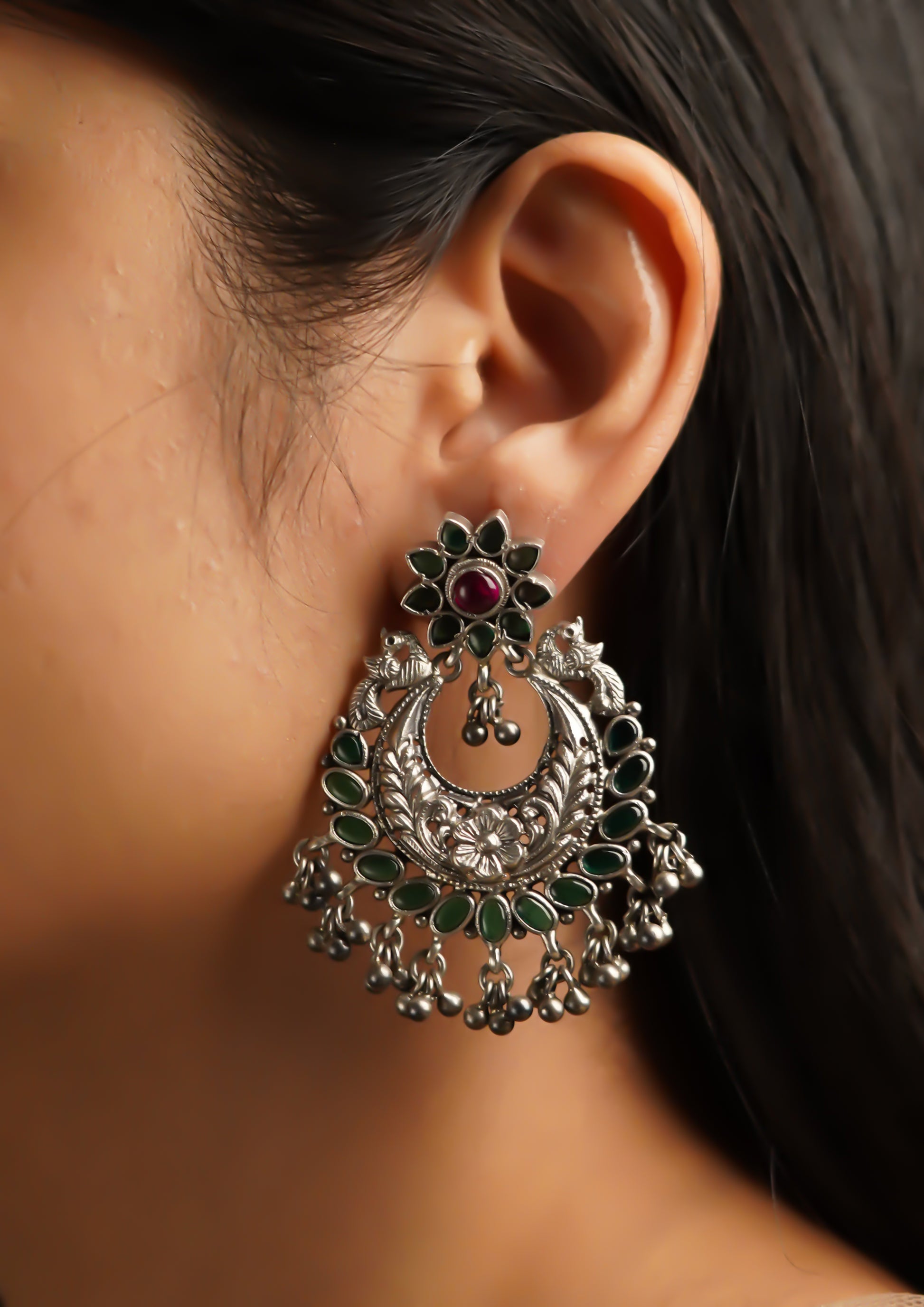 Shringara Pankha Nakashi Oxidized Silver Finish Chandbali