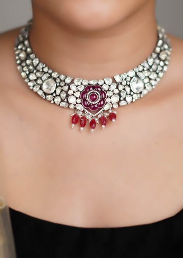 Kalyani Kundala Moissanite Oxidized Silver Finish Necklace