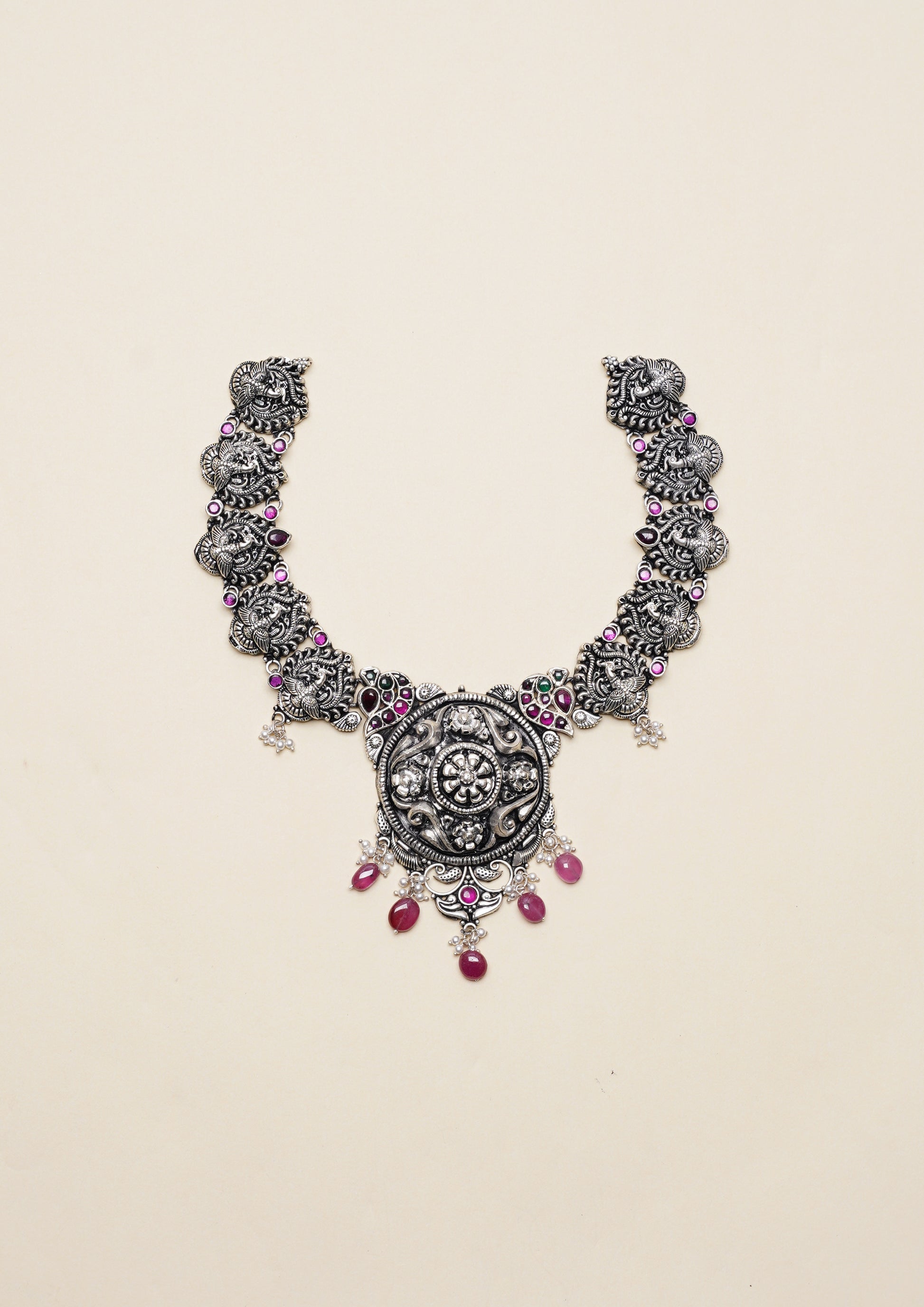 Suvarna Shringara Nakashi Oxidized Silver Finish Necklace