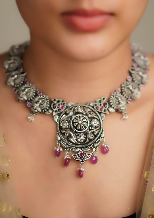 Suvarna Shringara Nakashi Oxidized Silver Finish Necklace