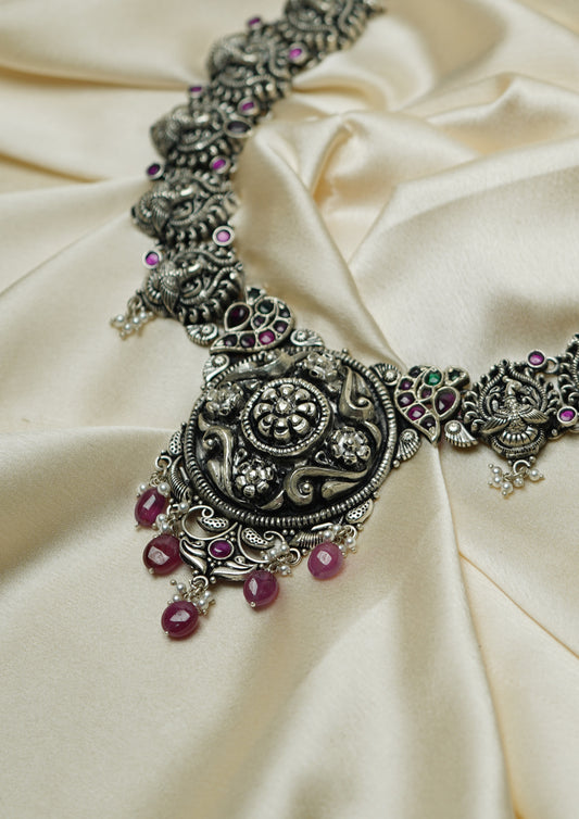 Suvarna Shringara Nakashi Oxidized Silver Finish Necklace