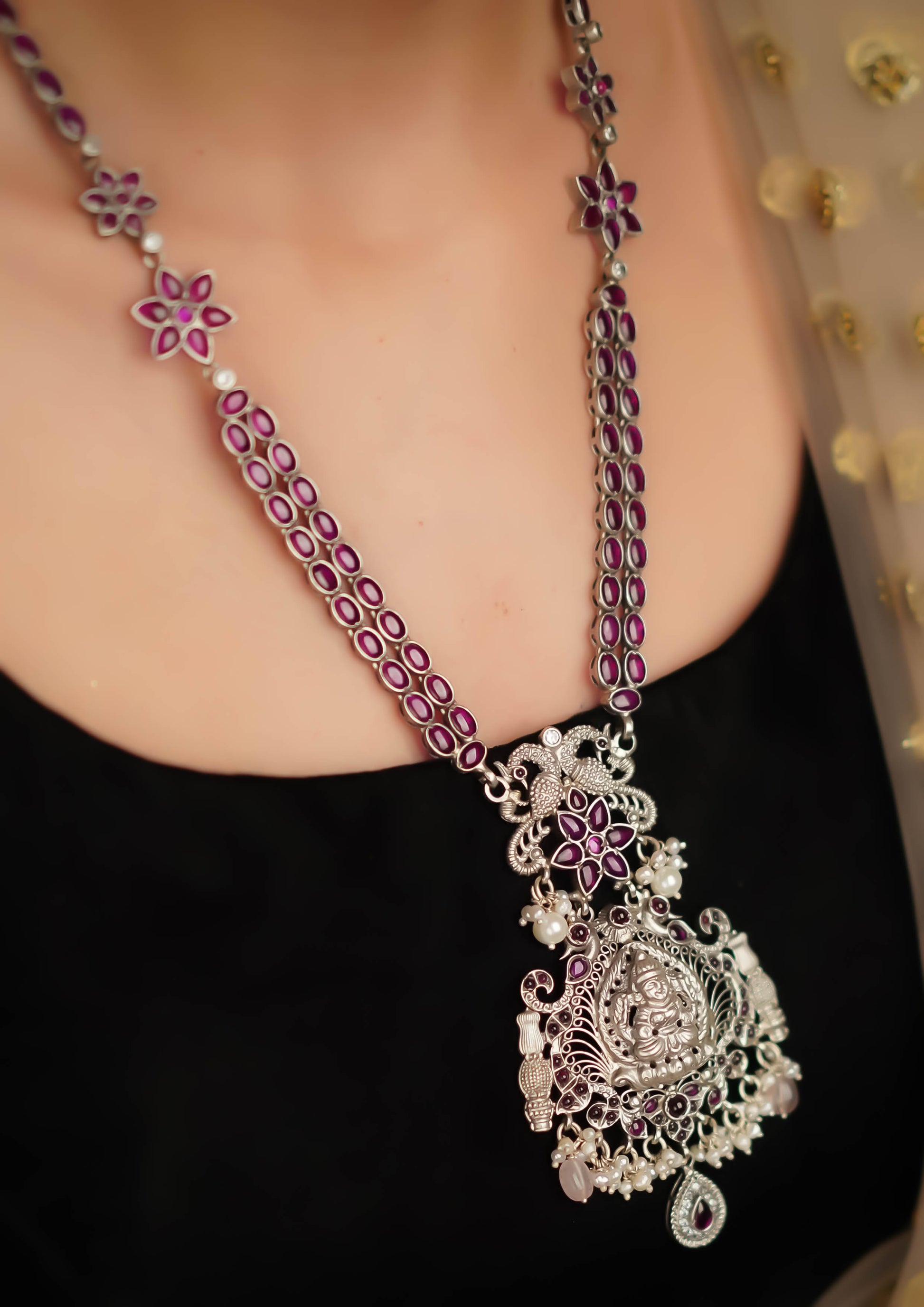 Shubha Nava Nakashi Oxidized Silver Finish Necklace