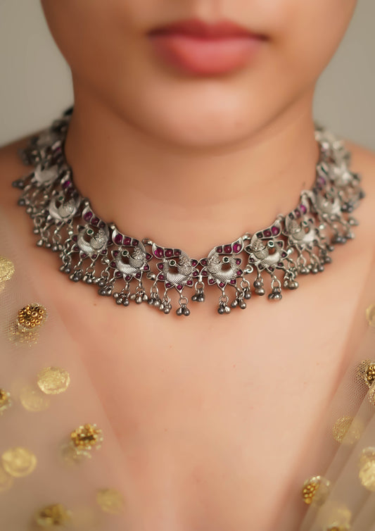 Hiranya Mangala Nakashi Oxidized Silver Finish Necklace