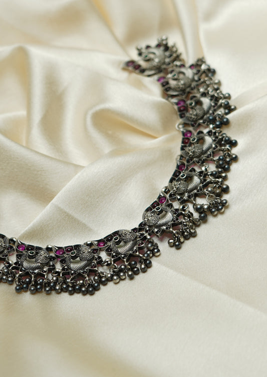 Hiranya Mangala Nakashi Oxidized Silver Finish Necklace