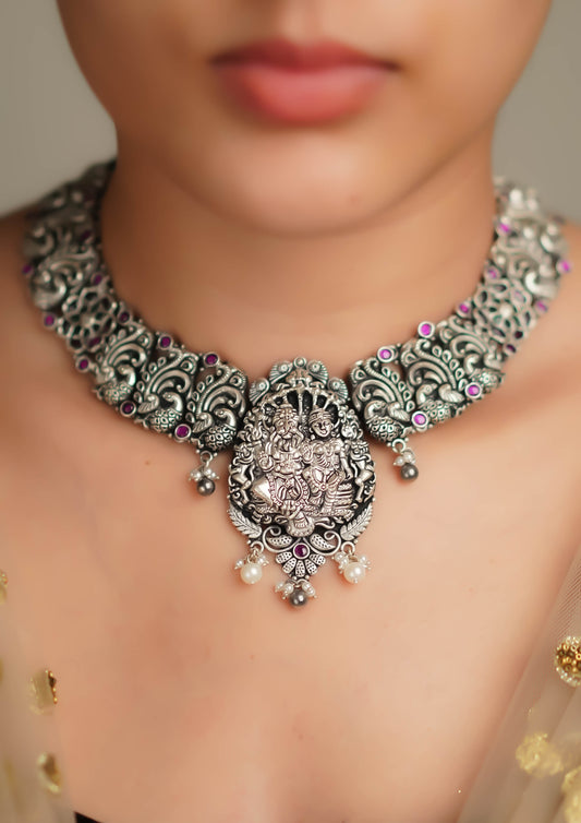 Svarna Varna Nakashi Oxidized Silver Finish Necklace
