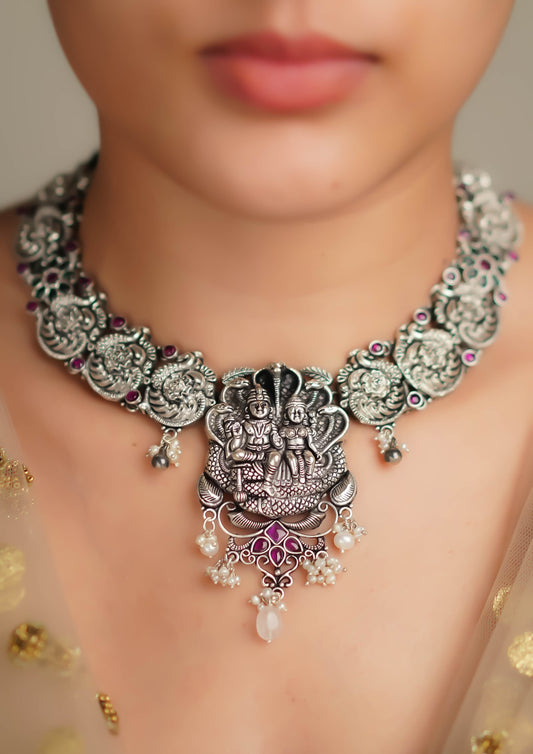 Samhita Megha Nakashi Oxidized Silver Finish Necklace