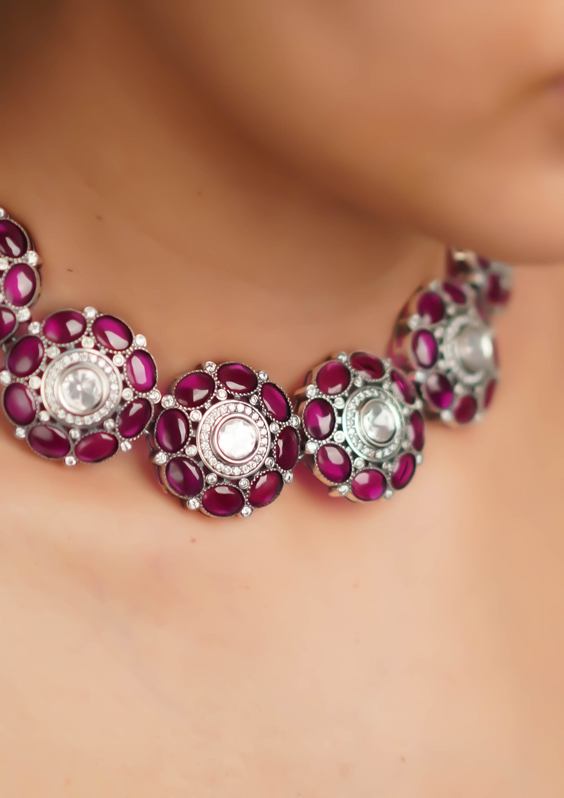 Suvarna Pushpika Polki Oxidized Silver Finish Necklace