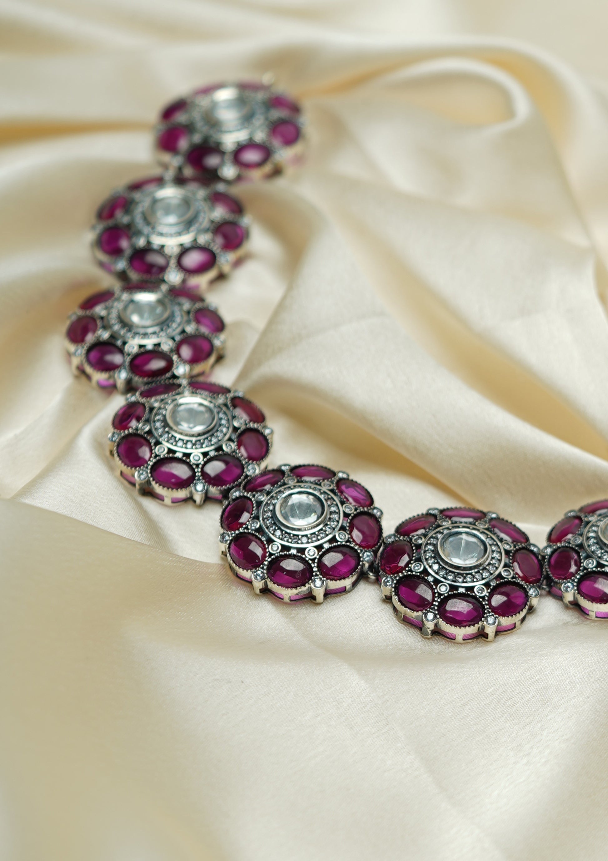 Suvarna Pushpika Polki Oxidized Silver Finish Necklace
