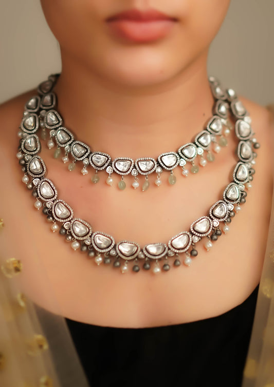 Pushpa Sundara Polki Oxidized Silver Finish Necklace