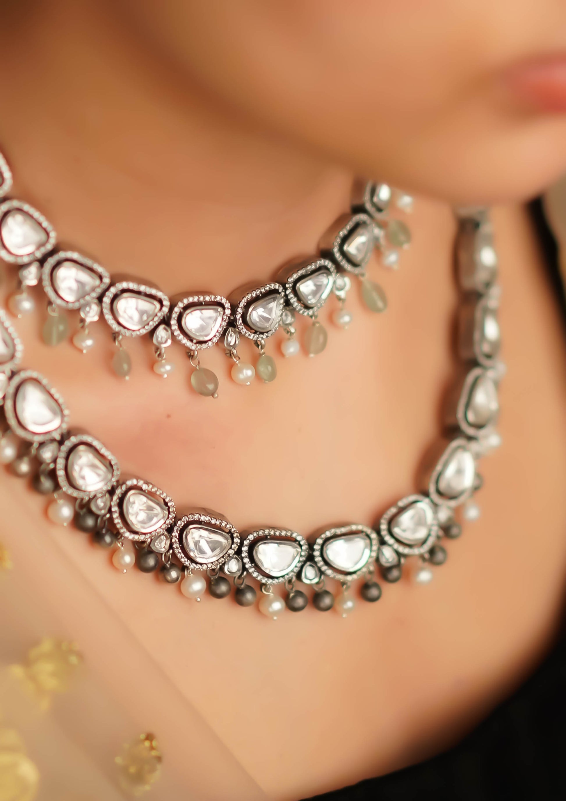 Pushpa Sundara Polki Oxidized Silver Finish Necklace