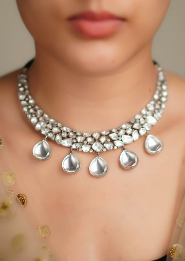 Suvarna Shobha Polki Oxidized Silver Finish Necklace