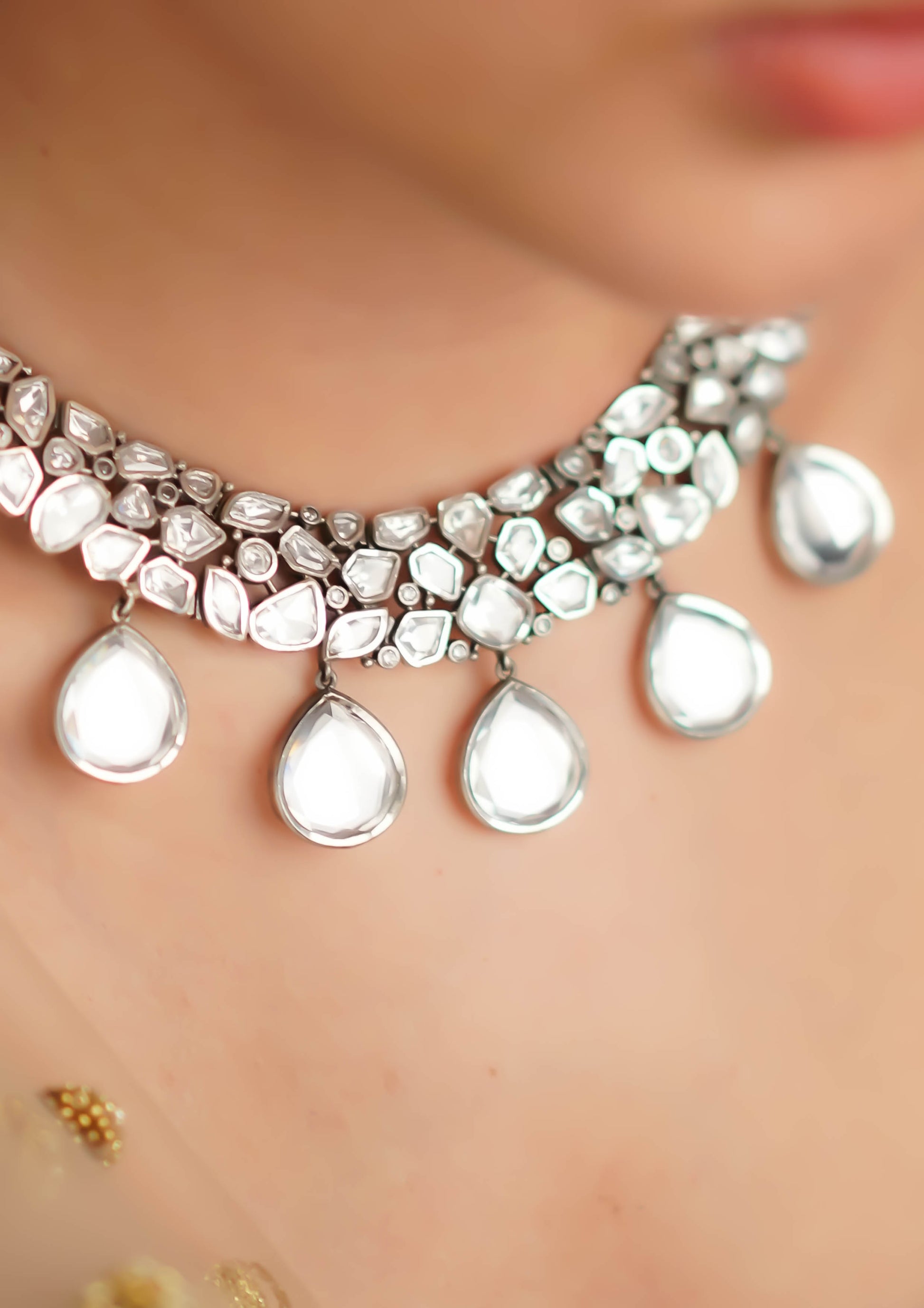 Suvarna Shobha Polki Oxidized Silver Finish Necklace