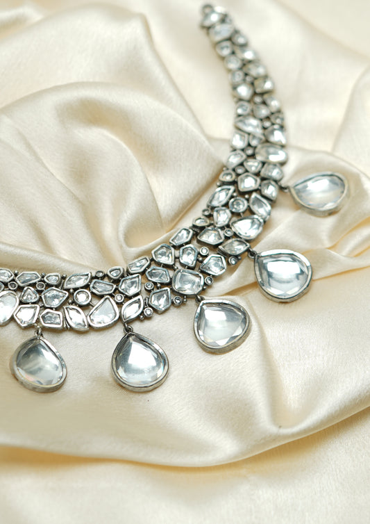 Suvarna Shobha Polki Oxidized Silver Finish Necklace