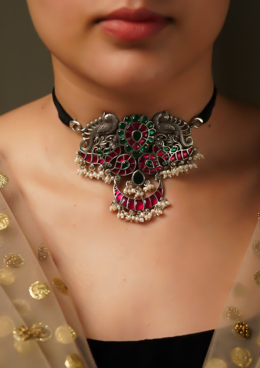 Chandrika Kesa Kundan Oxidized Silver Finish Choker