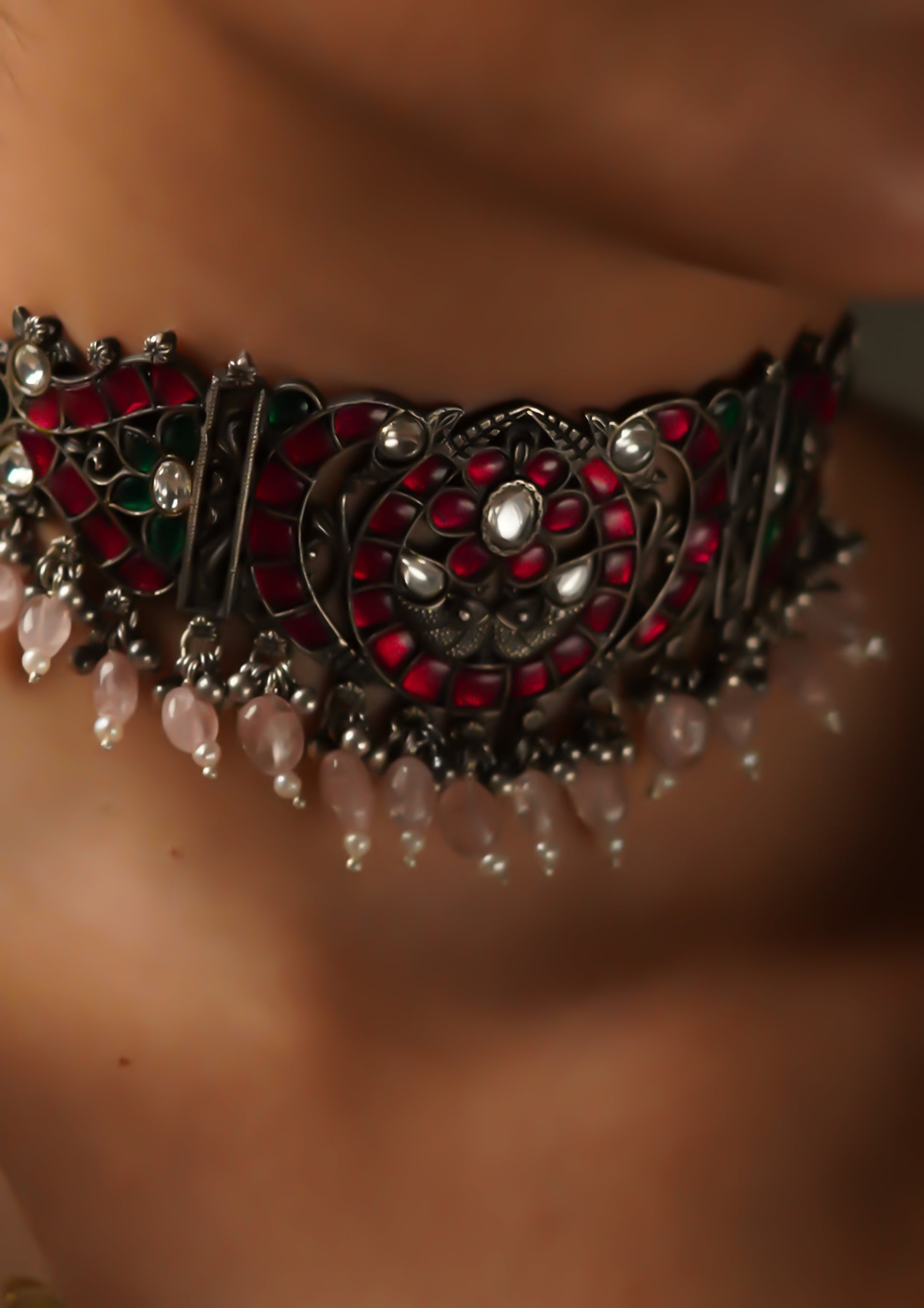Pushpa Kesa Kundan Oxidized Silver Finish Choker