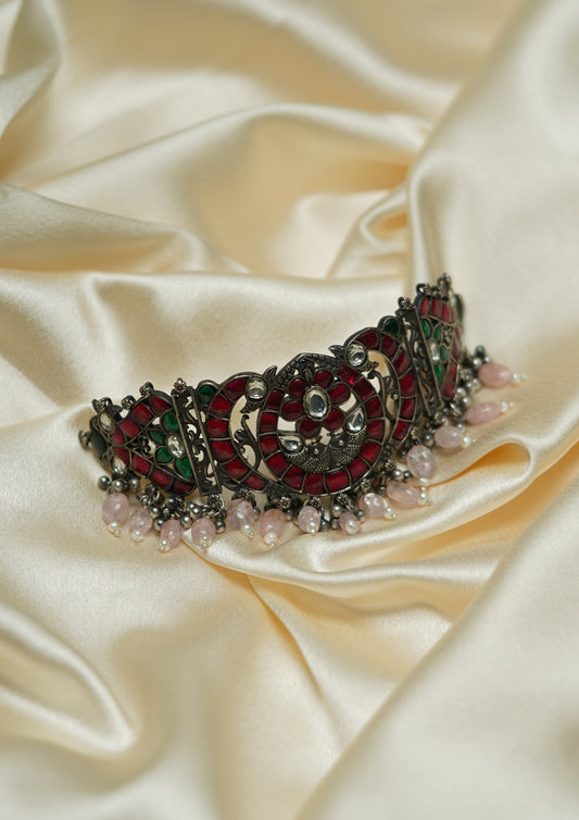 Pushpa Kesa Kundan Oxidized Silver Finish Choker