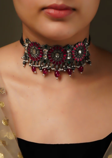 Chandra Sringara Kundan Oxidized Silver Finish Choker