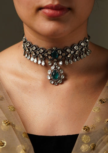 Madhura Tilaka Moissanite Oxidized Silver Finish Choker
