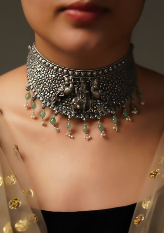 Kantha Shobha Nakashi Oxidized Silver Finish Choker