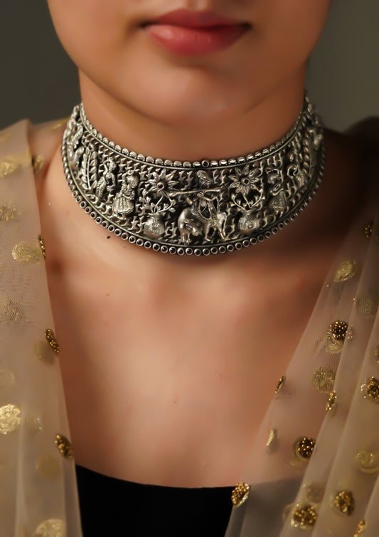 Chitra Taranga Nakashi Oxidized Silver Finish Choker