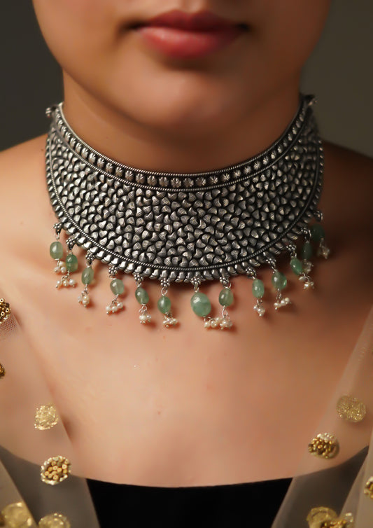 Vrinda Shobha Nakashi Oxidized Silver Finish Choker