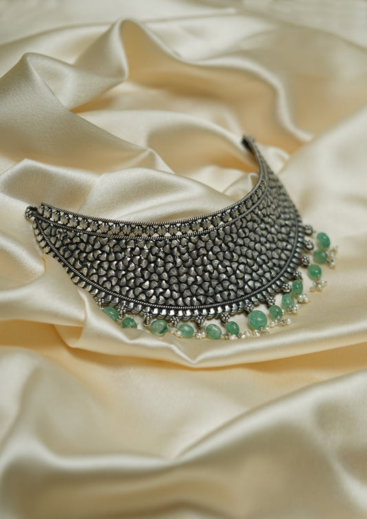 Vrinda Shobha Nakashi Oxidized Silver Finish Choker