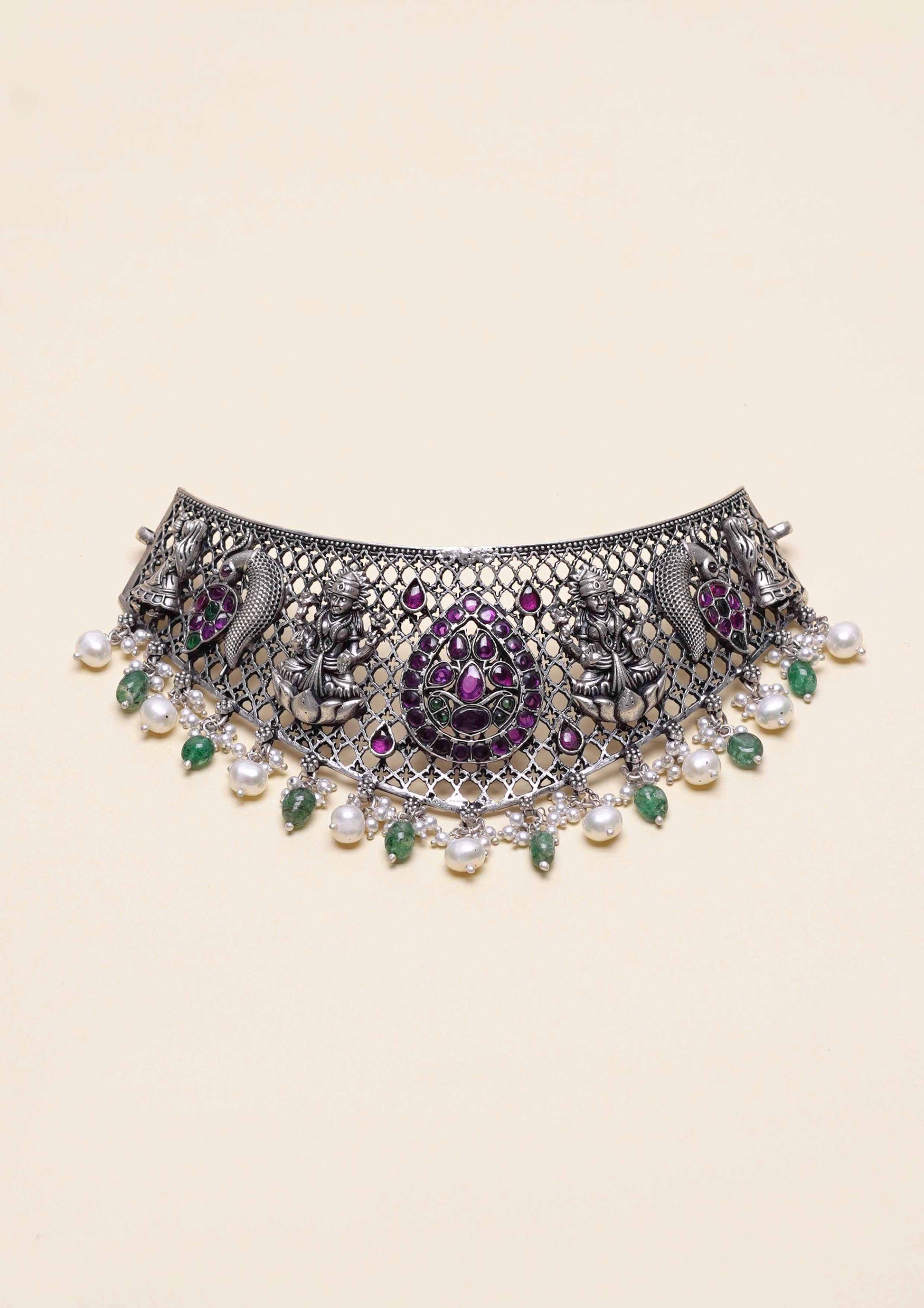 Sundara Vrinda Nakashi Oxidized Silver Finish Choker