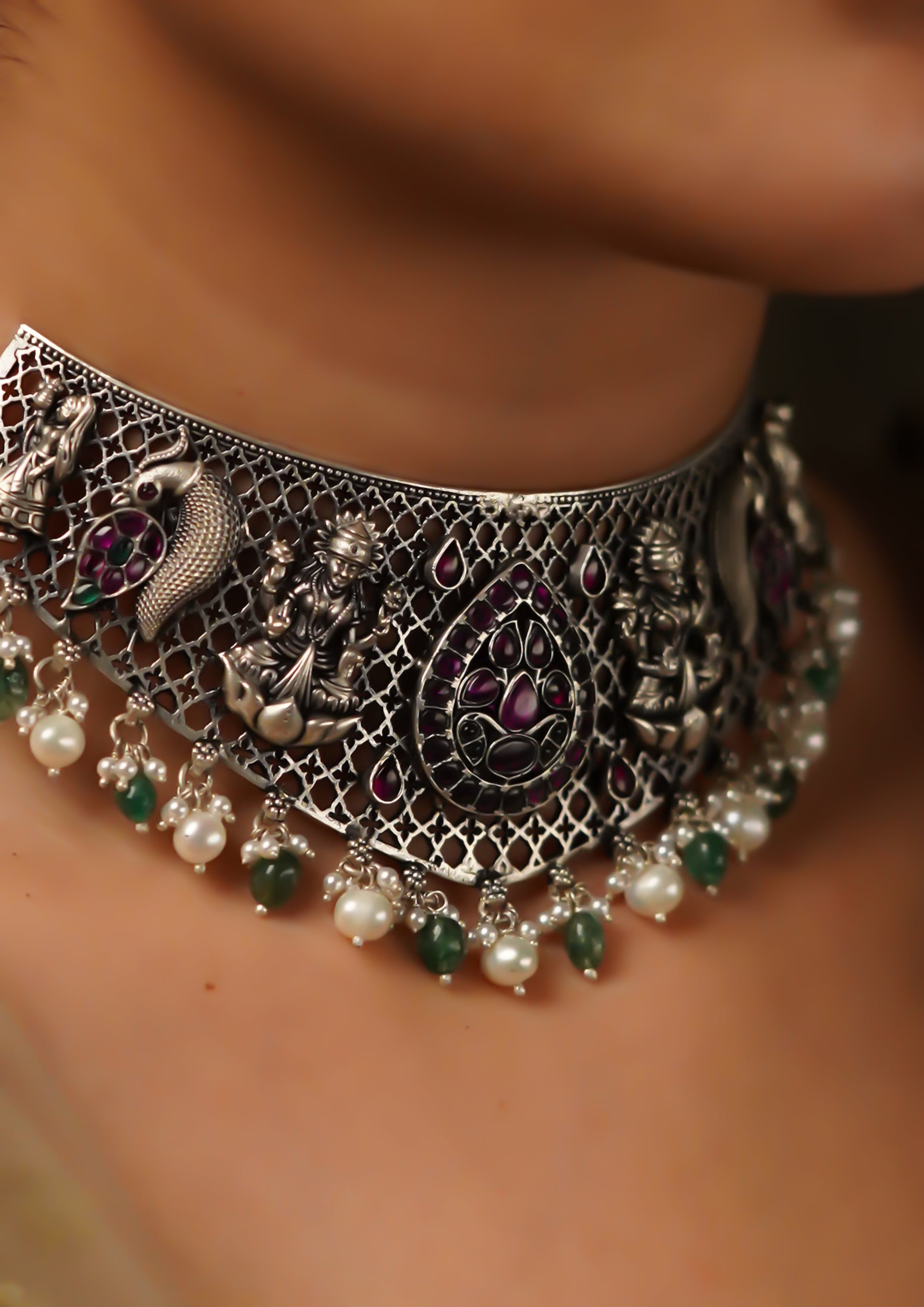Sundara Vrinda Nakashi Oxidized Silver Finish Choker