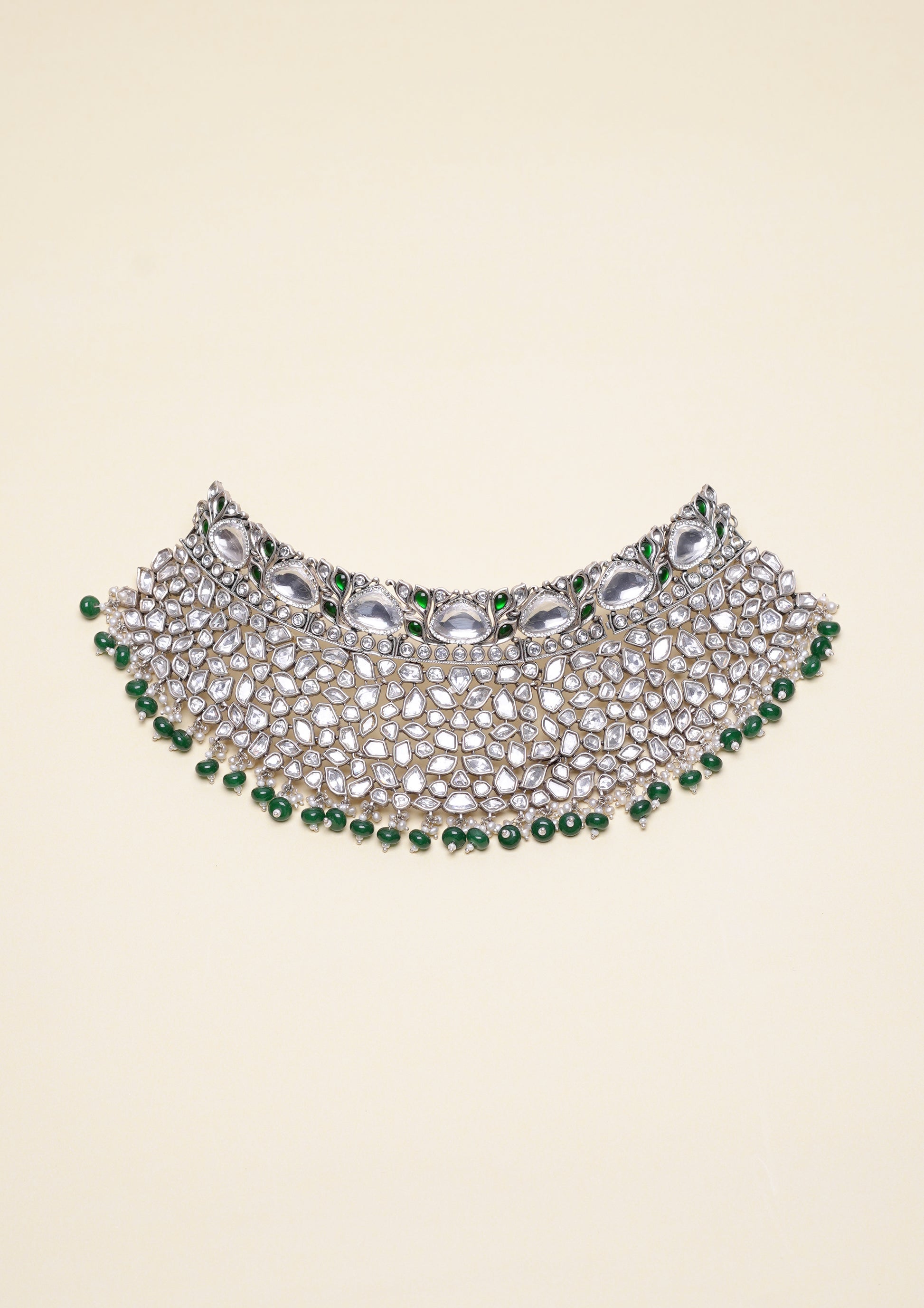 Manohara Kundala Polki Oxidized Silver Finish Choker