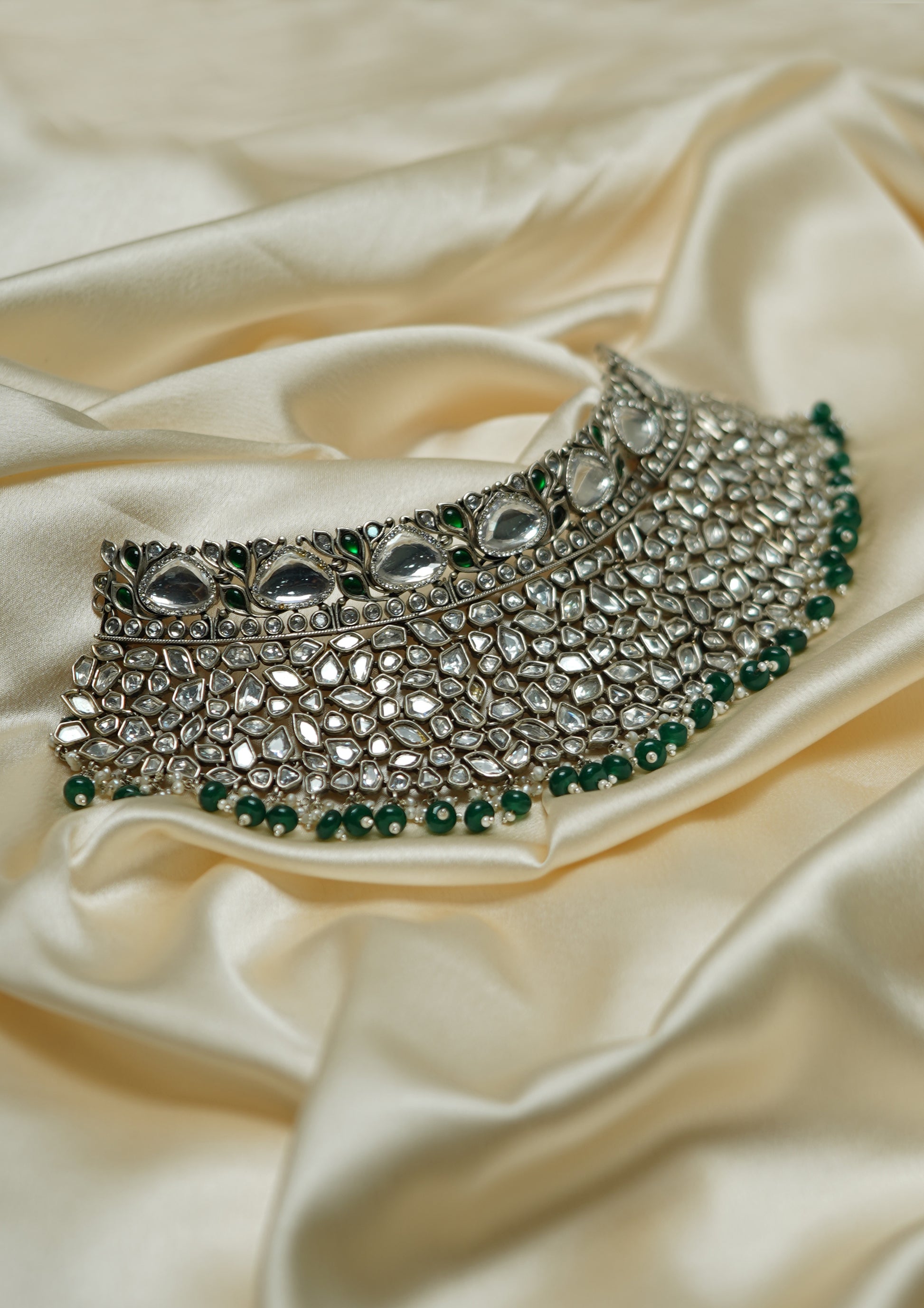 Manohara Kundala Polki Oxidized Silver Finish Choker