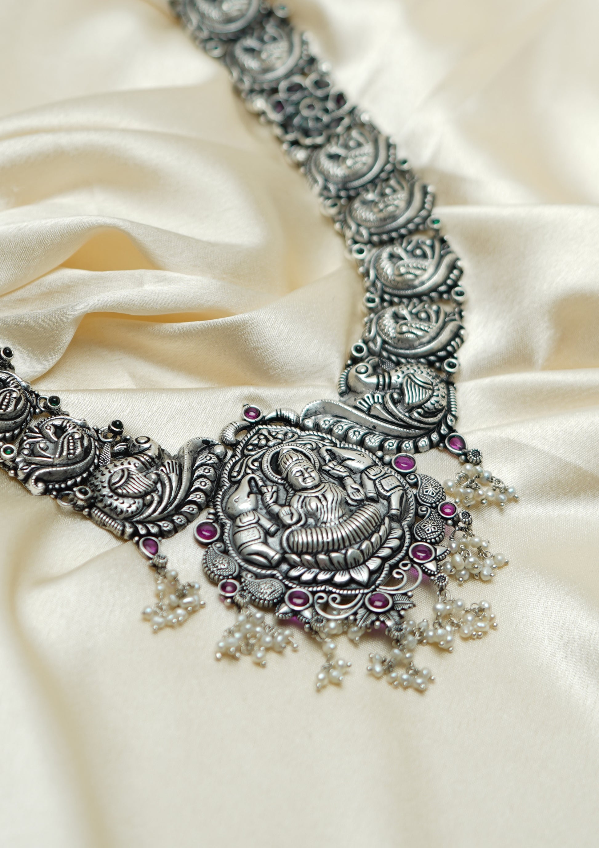 Sundara Meghamala Nakashi Oxidized Silver Finish Haar