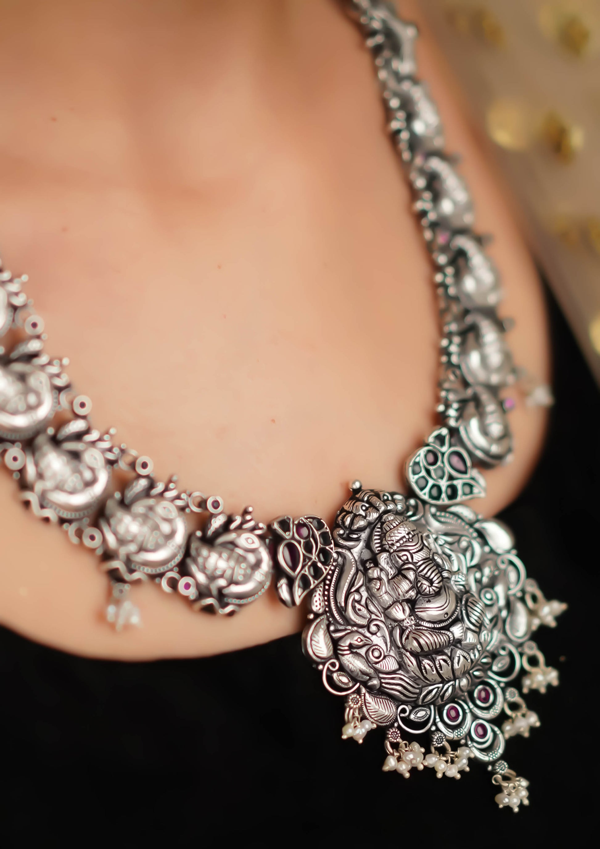 Chandrika Varada Nakashi Oxidized Silver Finish Haar