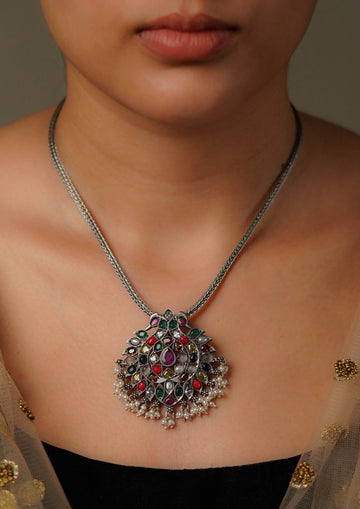 Vilasa Hriday Premium Oxidized Silver Finish Small Pendant