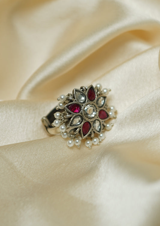 Svarna Vrindavan Kundan Oxidized Silver Finish Ring with Stonework