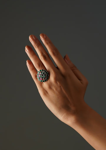 Kamalika Aakar Kundan Oxidized Silver Finish Ring with Stonework