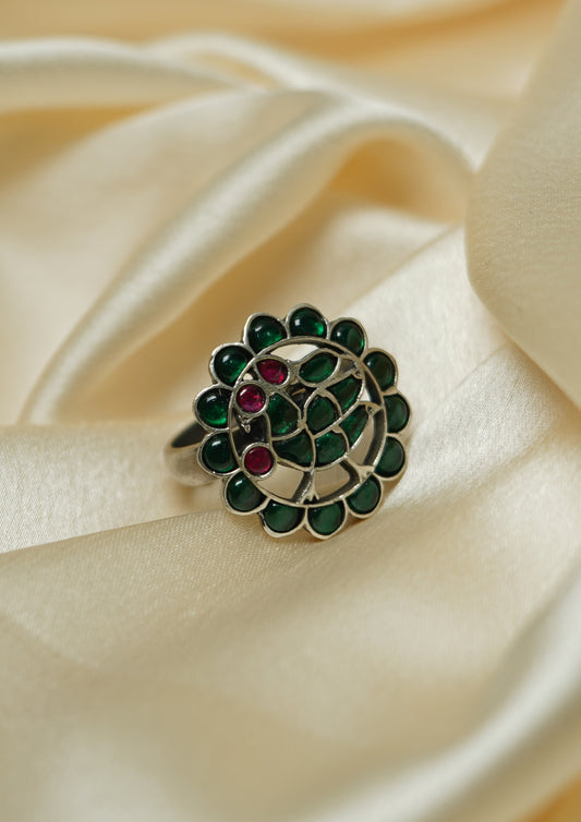 Kamalika Aakar Kundan Oxidized Silver Finish Ring with Stonework